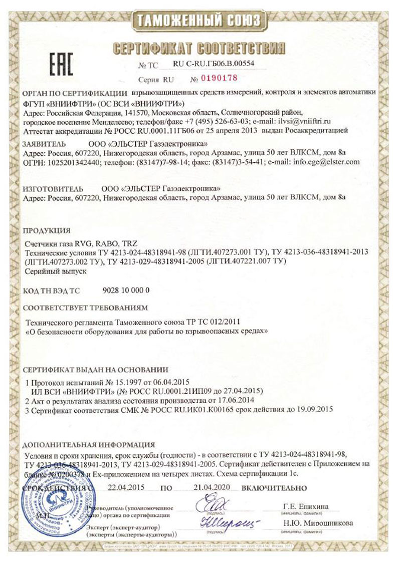 Сертификат на счетчики газа TRZ, RVG и RABO